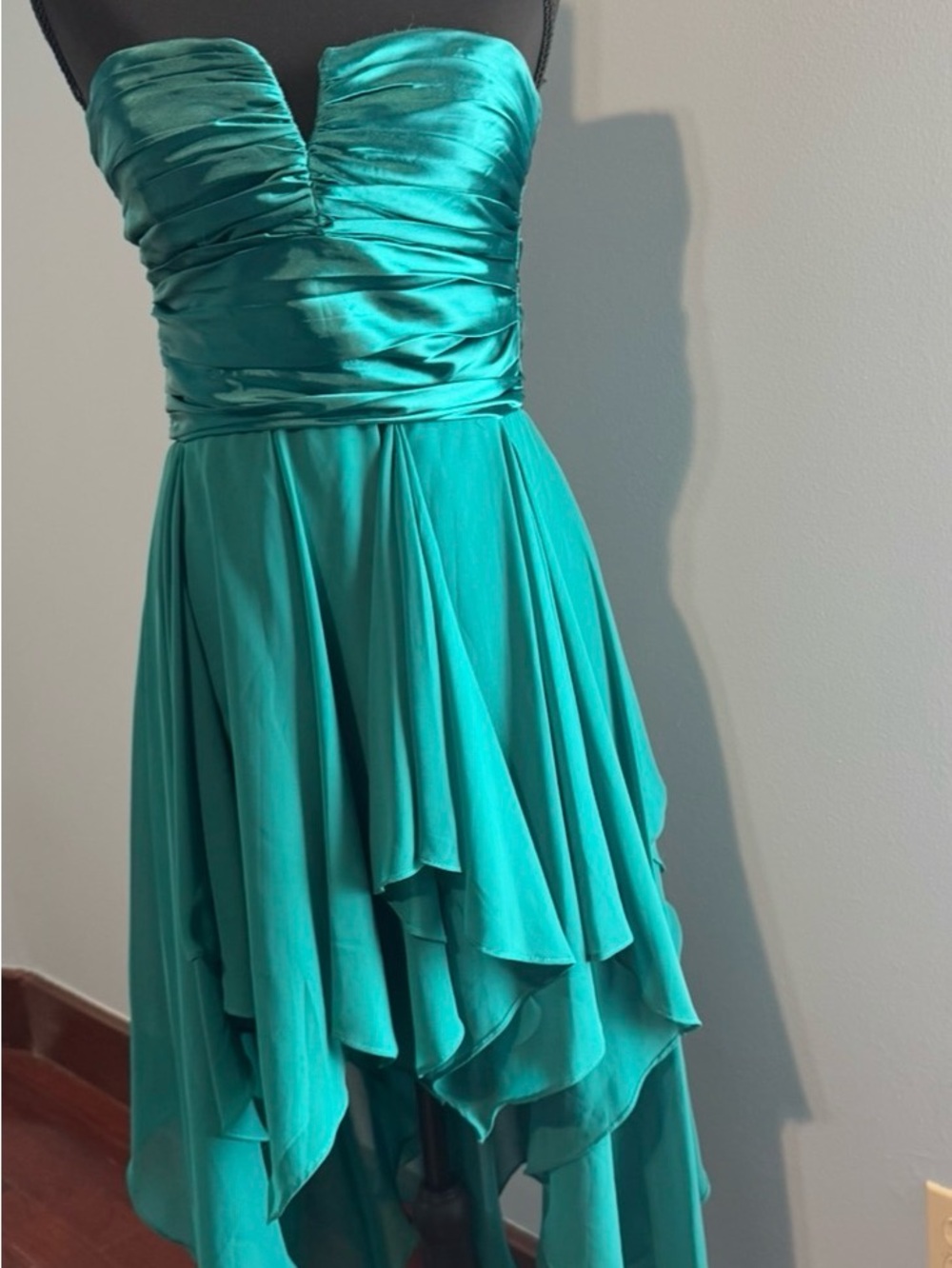 Reign Teal One-Shoulder Handkerchief Hem Dress